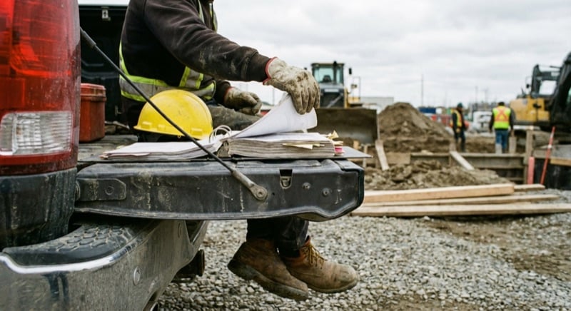Close-up of a worker in gloves flipping through a safety binder on a pickup truck tailgate at a construction site
