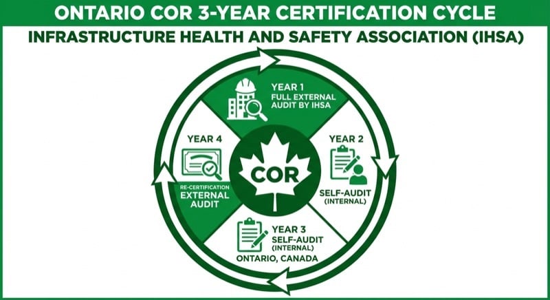 Ontario COR 3-year certification cycle: Year 1 full IHSA external audit, Years 2-3 self-audit, Year 4 re-certification