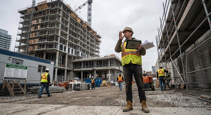 Safety inspector in hi-vis vest using a tablet near scaffolding on a commercial construction site with a highrise under construction in the background