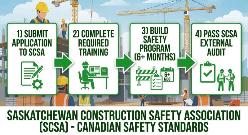 Saskatchewan COR certification 4-step process: submit SCSA application, complete training, build safety program, pass external audit