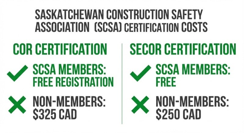 Saskatchewan COR certification costs comparison: SCSA members free registration, non-members $325 CAD for COR, $250 CAD for SECOR