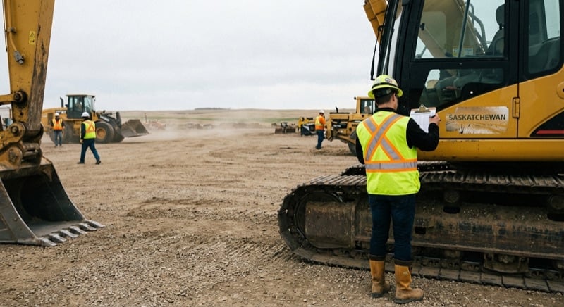 Safety coordinator walking a Saskatchewan construction site with clipboard, checking equipment tags near heavy machinery on a prairie gravel yard