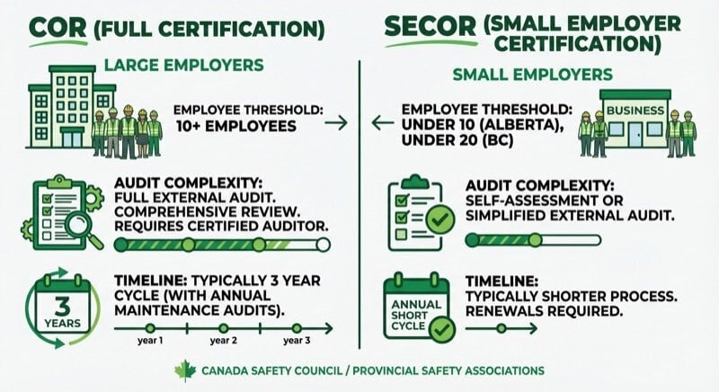 Infographic comparing COR full certification versus SECOR small employer certification in Canada showing employee thresholds and audit complexity differences