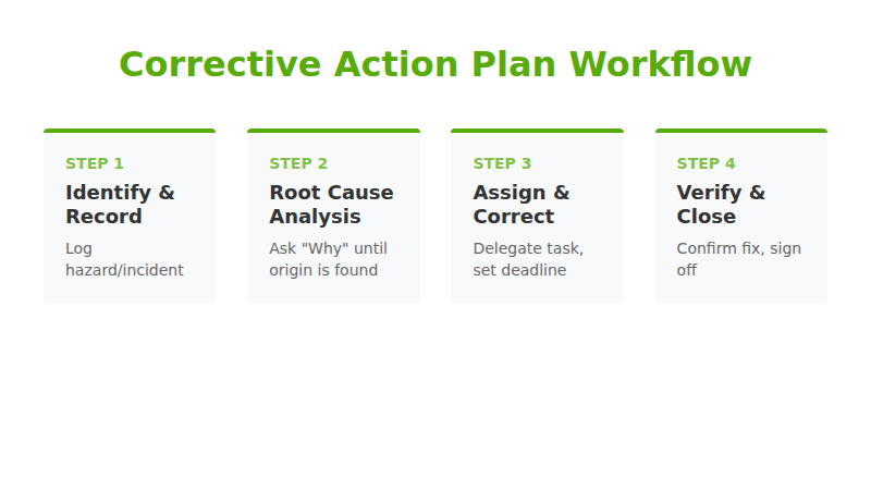Four-step corrective action workflow from finding to verified closure