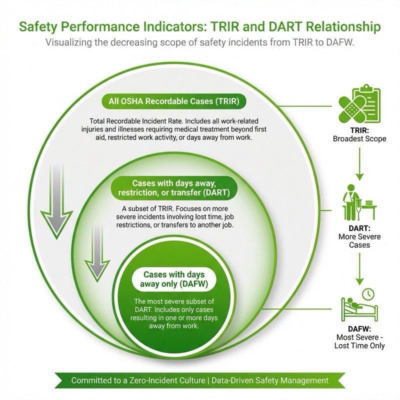Diagram showing the relationship between TRIR and DART rate - DART as a subset of total recordable incidents