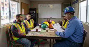Construction site safety meeting about workplace drug and alcohol policy with hard hats and clipboard