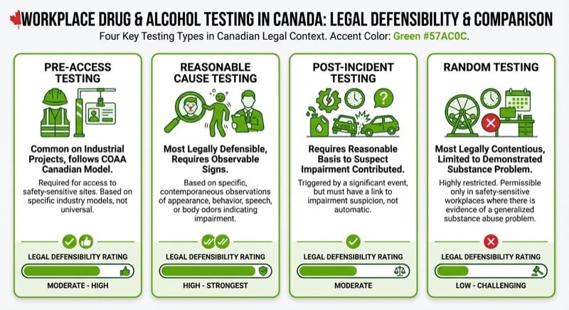 Comparison of workplace drug and alcohol testing types in Canada including reasonable cause and post-incident testing