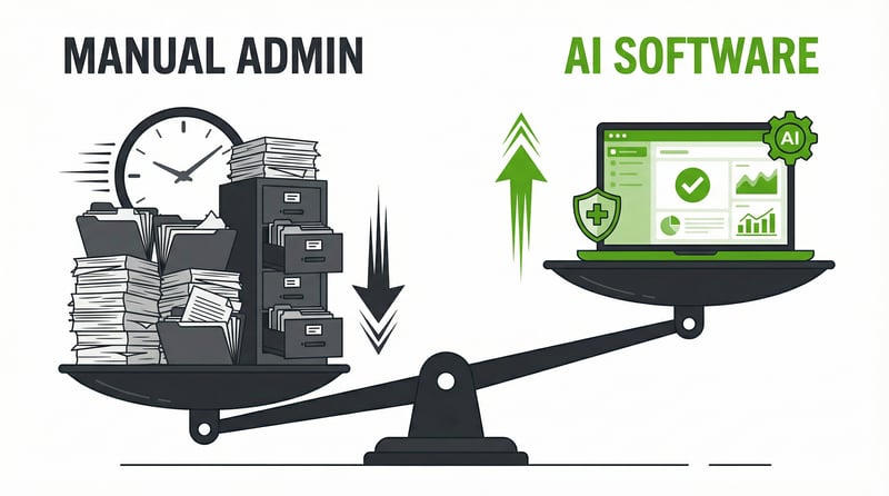Balance scale infographic showing the cost burden of manual safety administration versus the efficiency of AI-powered EHS software