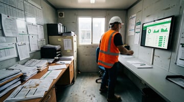 Construction site office showing the transition from paper-based safety management chaos to a modern digital EHS software dashboard