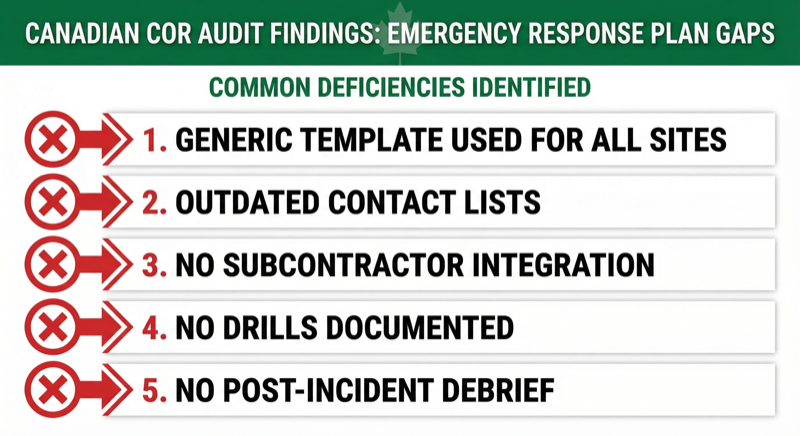 Five common emergency response plan gaps found in Canadian COR audits: generic templates, outdated contacts, no subcontractor integration, no drills documented, no post-incident debrief