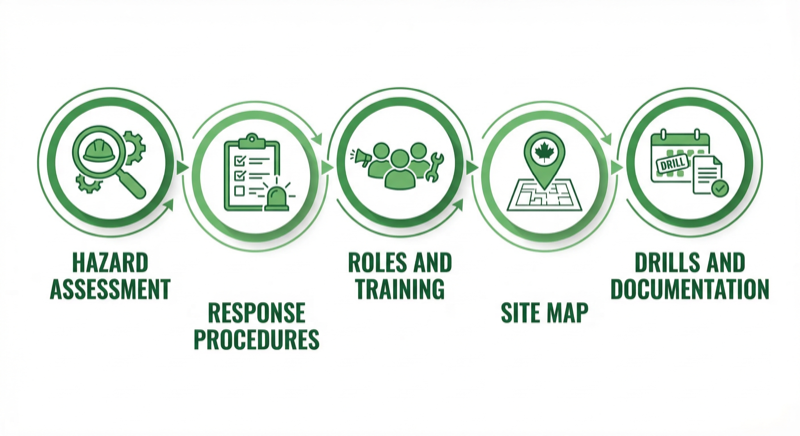 Five key components of a construction emergency response plan: hazard assessment, response procedures, roles and training, site map, drills and documentation