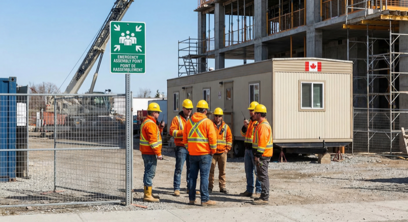 Construction workers gathering at an emergency assembly muster point on a Canadian construction site