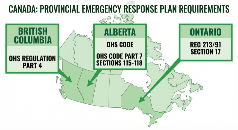 Map of Canada showing provincial emergency response plan requirements for Alberta OHS Code Part 7, BC OHS Regulation Part 4, and Ontario Reg 213/91