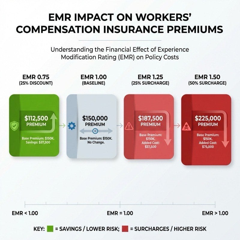 EMR impact on workers compensation premiums showing four levels from 0.75 (25% discount) to 1.50 (50% surcharge) on a ,000 base premium