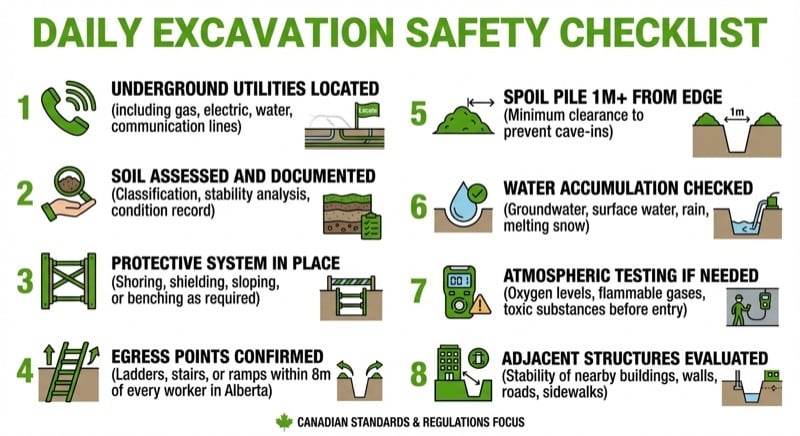 Daily excavation safety checklist showing 8 items a competent worker must verify before trench entry