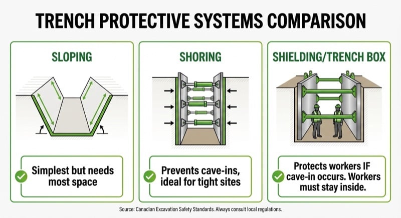 Comparison of trench protective systems: sloping, shoring, and trench boxes