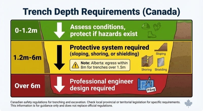 Trench depth safety requirements showing thresholds for 1.2 metre and 6 metre excavations