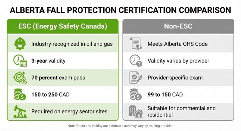Infographic comparing ESC vs Non-ESC fall protection certification in Calgary showing cost, validity, and industry recognition differences