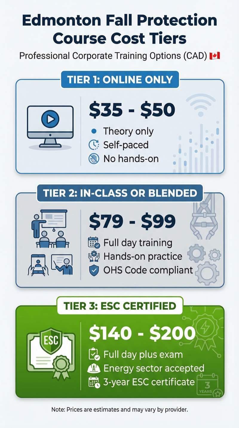 Edmonton fall protection course cost tiers infographic showing online, in-class, and ESC certification pricing in Canadian dollars
