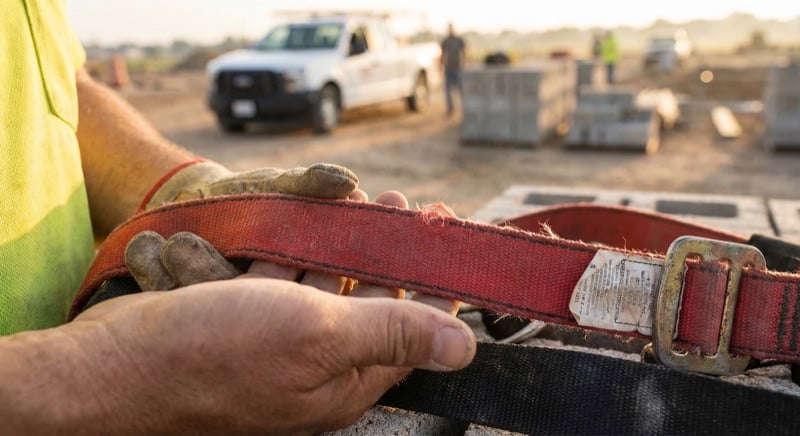 Close-up of a worker's hands inspecting fall protection harness webbing and buckles during pre-use inspection