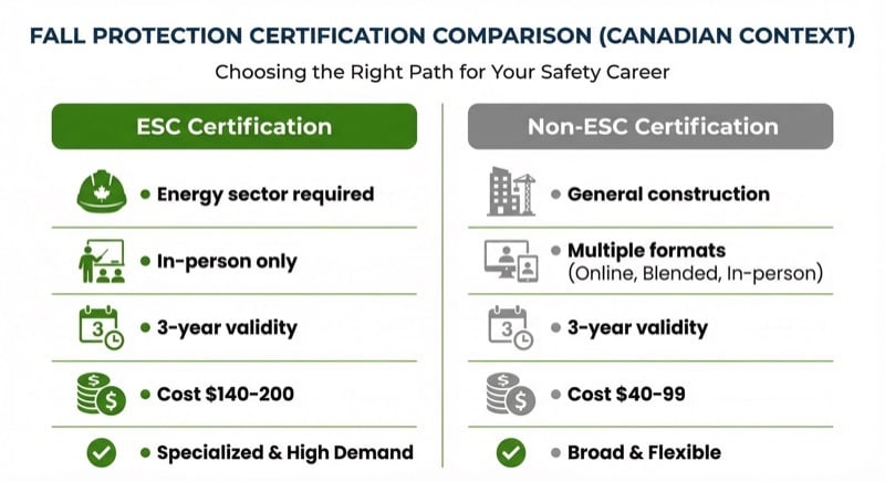 ESC vs non-ESC fall protection certification comparison infographic showing costs, formats, and recognition differences for Edmonton workers