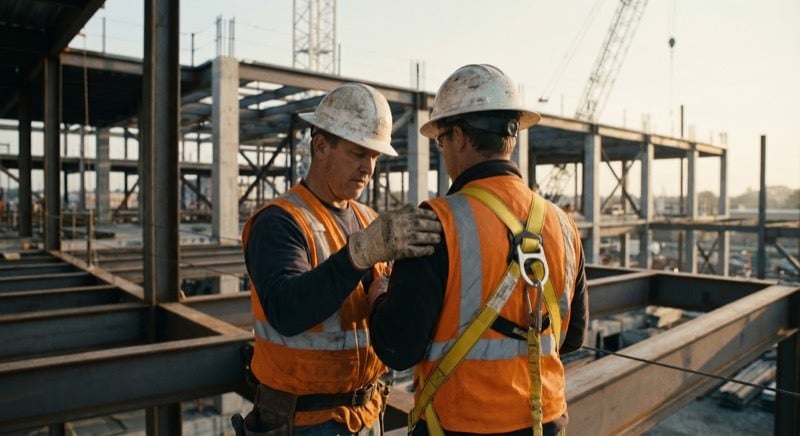 Worker being fitted with a full-body fall protection harness on a construction site, dorsal D-ring visible