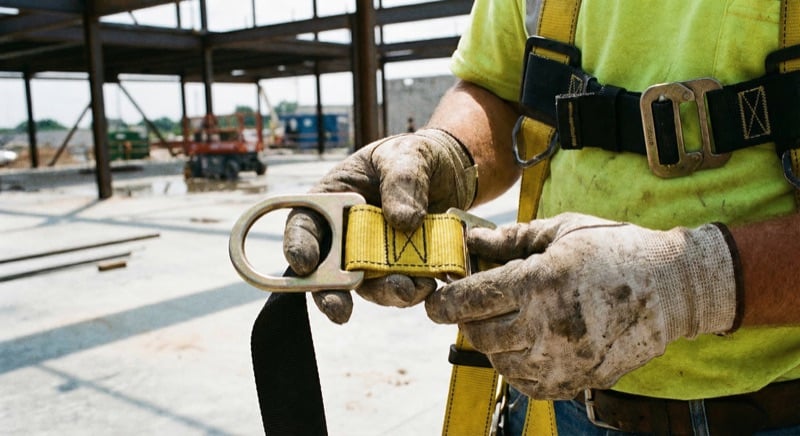 Worker inspecting a fall protection harness before use on a construction site, checking buckles and webbing