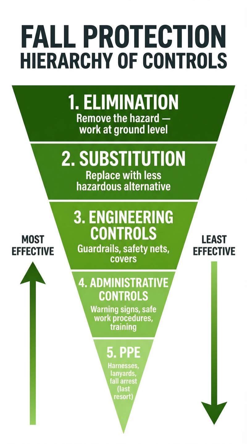 Infographic showing the 5-level fall protection hierarchy of controls: elimination, substitution, engineering controls, administrative controls, and PPE as last resort