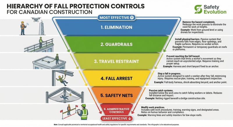 Fall protection hierarchy of controls showing elimination, guardrails, travel restraint, fall arrest, and safety nets