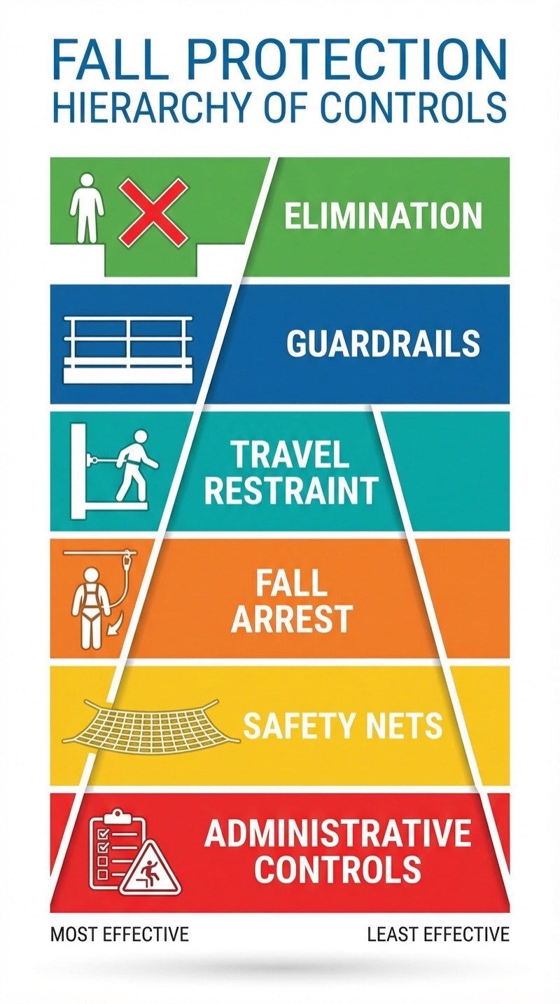 Fall protection hierarchy of controls pyramid showing six levels from elimination at the top to administrative controls at the bottom
