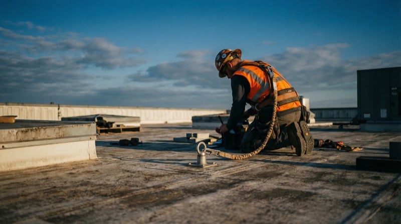 Construction worker connected to travel restraint anchor point on a flat commercial rooftop