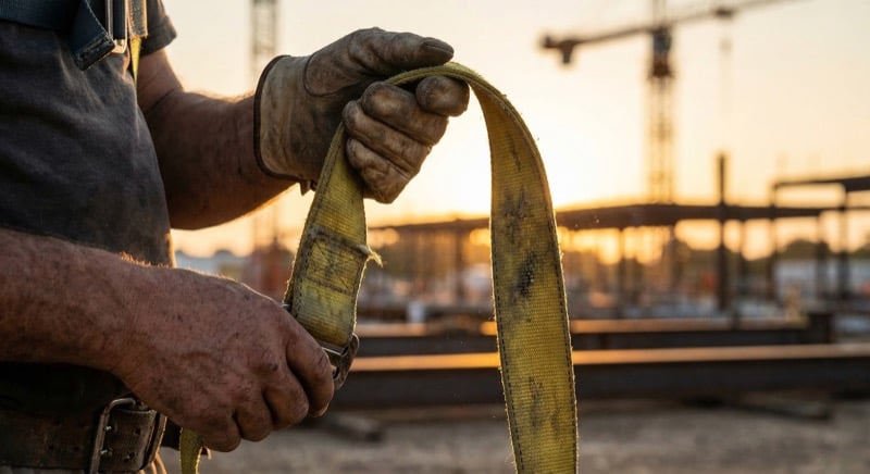 Construction worker inspecting fall protection harness webbing for cuts, fraying, and UV damage on a job site