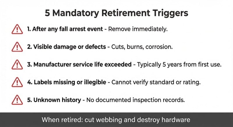 Infographic showing 5 mandatory fall protection equipment retirement triggers including fall arrest event, visible damage, service life exceeded, labels missing, and unknown history