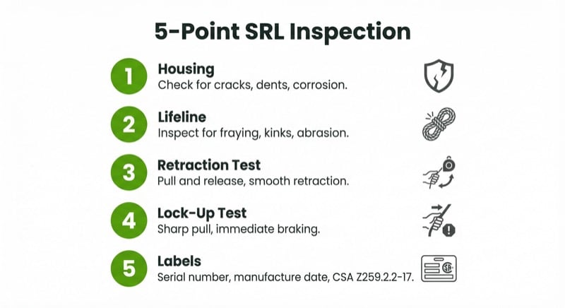 Infographic showing 5-point self-retracting lifeline SRL inspection checklist including housing, lifeline, retraction test, lock-up test, and labels