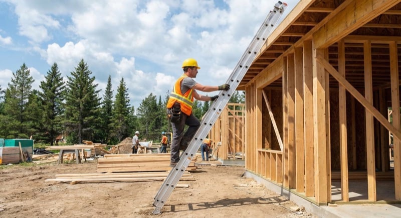 Construction worker properly secured with full body harness and lanyard working at height on a construction site
