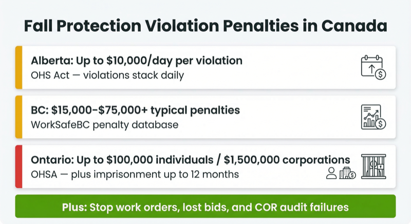 Infographic showing fall protection violation penalty ranges by Canadian province: Alberta up to $10,000 per day, BC $15,000 to $75,000+, Ontario up to $1.5 million for corporations