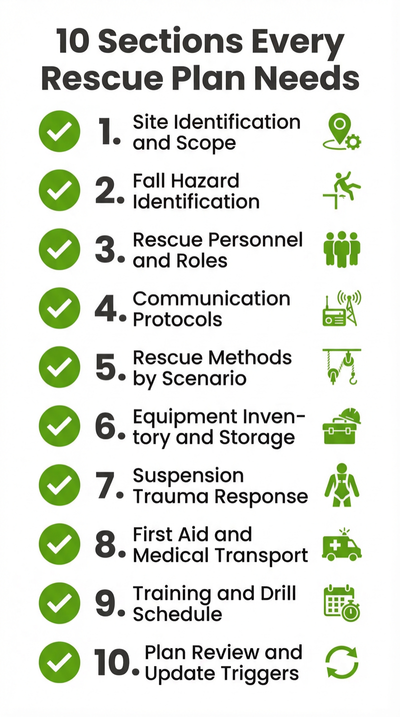 10 sections every fall protection rescue plan needs checklist infographic