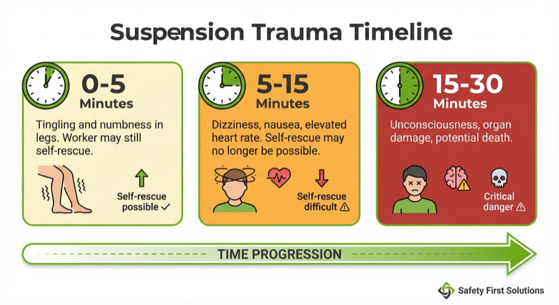 Suspension trauma timeline infographic showing symptom progression from 0-5 minutes through 15-30 minutes