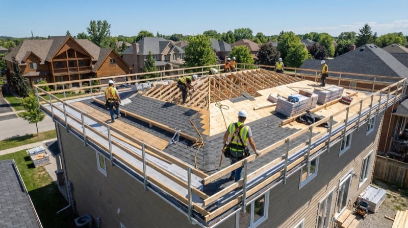 Construction crew on a rooftop with proper guardrails and fall protection equipment in place on a Canadian construction site