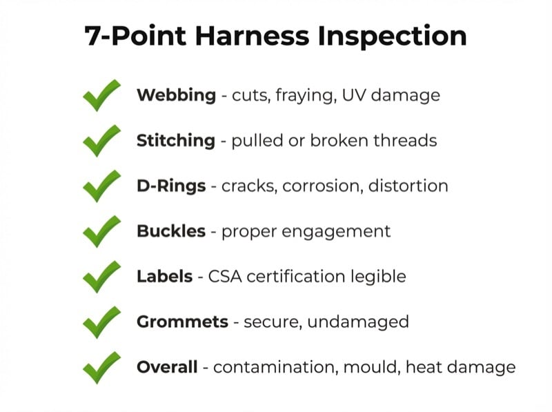 7-point harness inspection checklist covering webbing, stitching, D-rings, buckles, labels, grommets, and overall condition