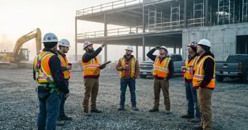 Small group of construction workers gathered for a fall protection toolbox talk at a job site