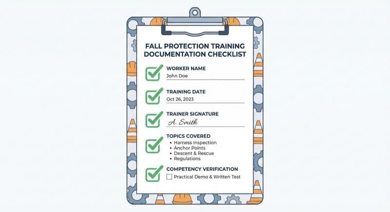 Fall protection training documentation checklist showing required record-keeping elements