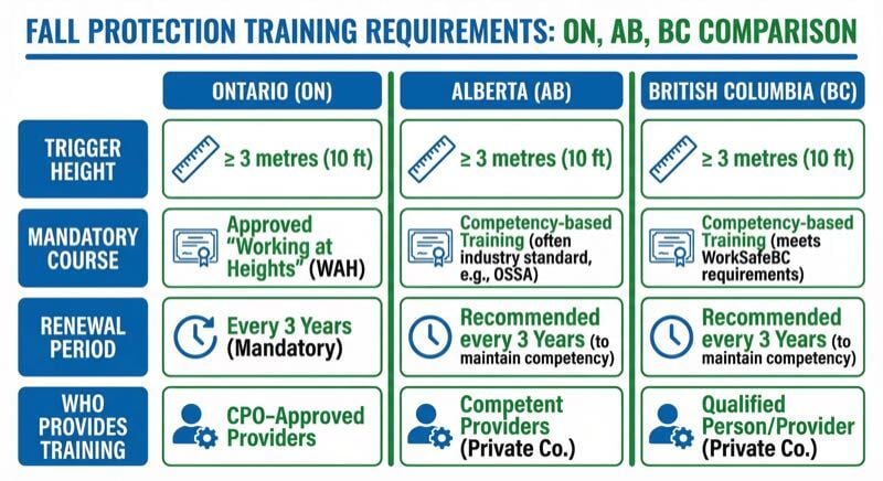 Fall protection training requirements comparison across Ontario, Alberta, and British Columbia