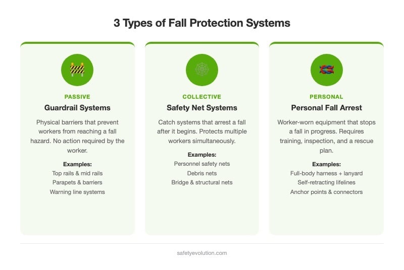 Diagram showing three types of fall protection systems: guardrails (passive), safety nets (collective), and personal fall arrest systems (personal)
