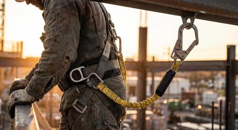 Close-up of a full body harness connected to a shock-absorbing lanyard and overhead anchor on a steel construction site