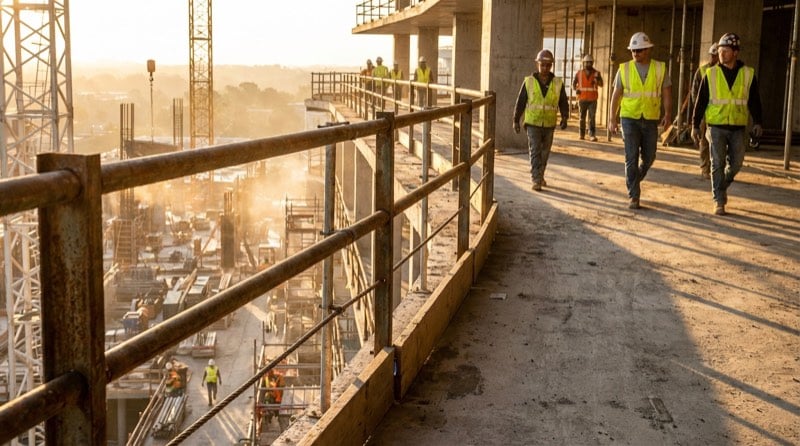 Steel guardrail system along the edge of a construction floor showing top rail, mid rail, and toe board