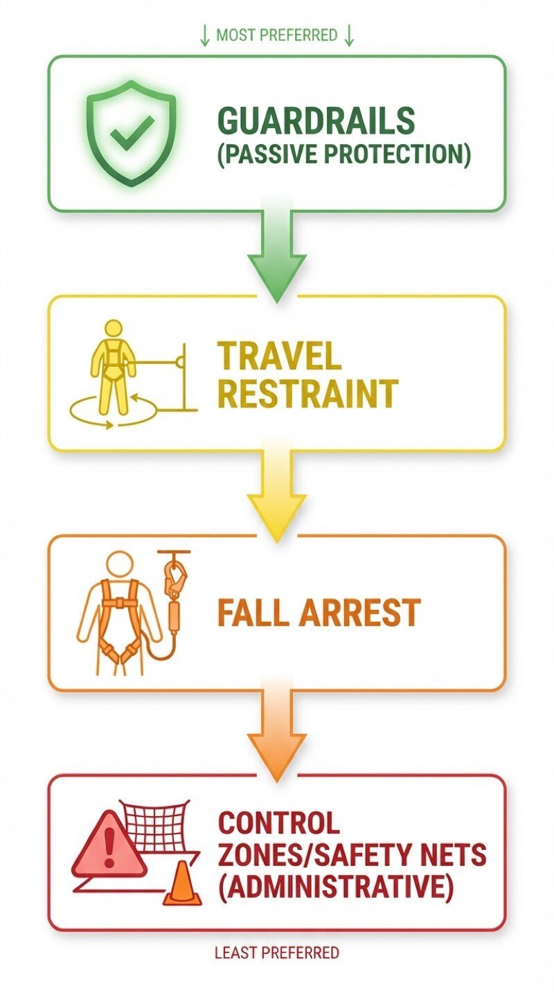 Fall protection hierarchy infographic showing guardrails, travel restraint, fall arrest, and control zones ranked from most to least preferred