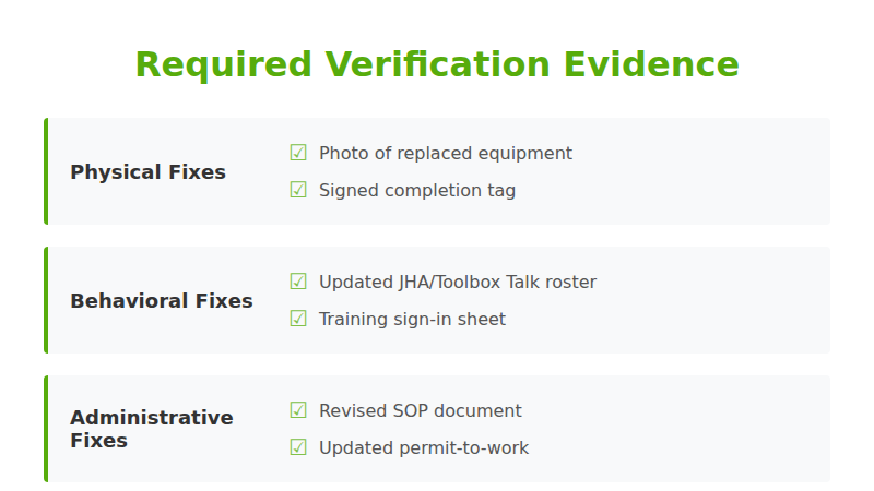 Required verification evidence categories for field safety corrective actions