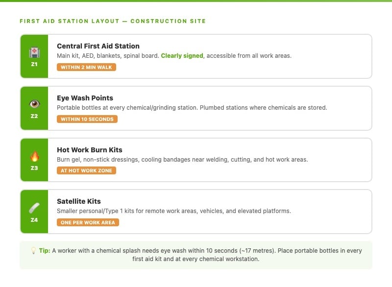 Construction site first aid station layout showing four zones  -  central station, eye wash, burn kits, and satellite kits
