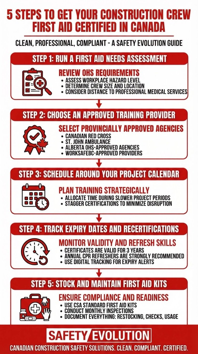5-step process infographic for getting your construction crew first aid certified: Assess, Choose Provider, Schedule, Track Expiry, Stock Kits